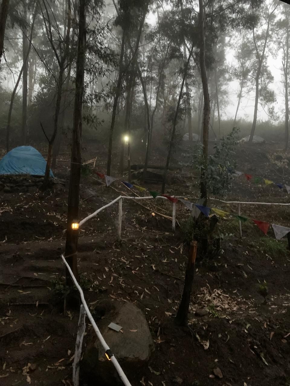 Misty evening at Mowgli Camp with tents and prayer flags